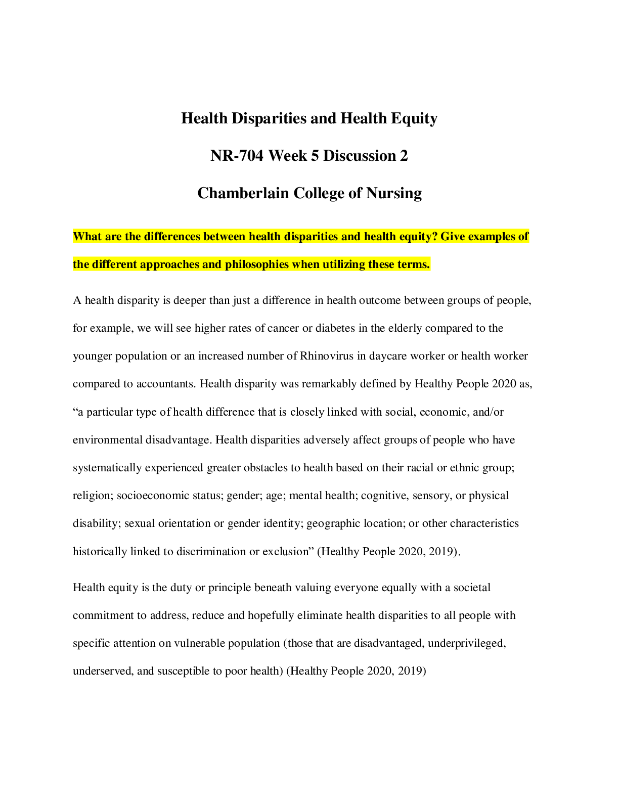 Preview image for Chamberlain College of Nursing-NR 704 Week 5 Discussion 2: Health Disparities and Health Equity-Already_Graded_A_100%_Correct